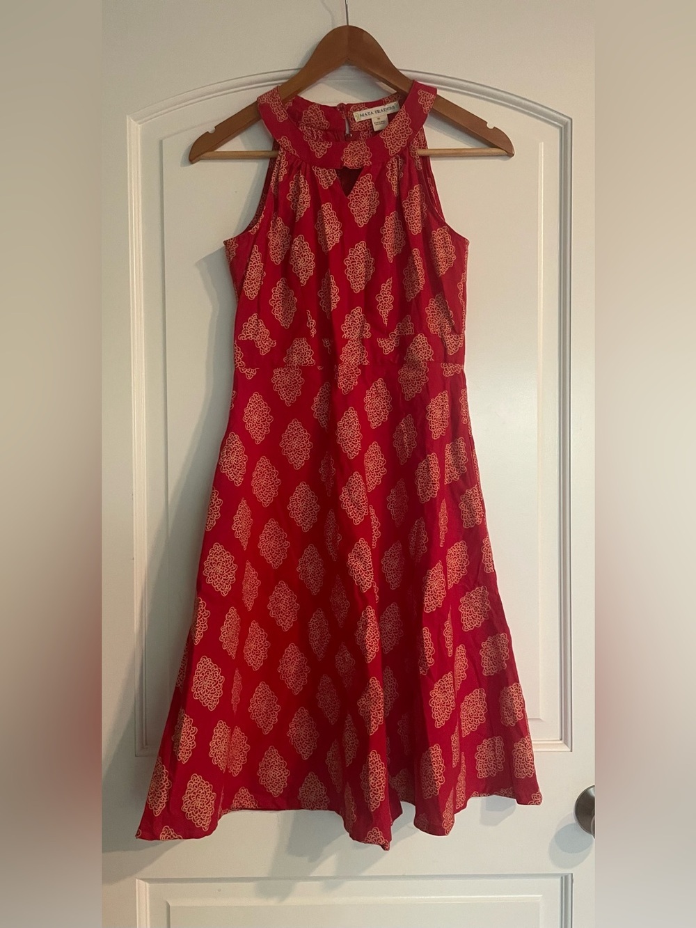 Mata Traders Red Beige Geometric A-Line Dress 100% Cotton Keyhole Pockets XS